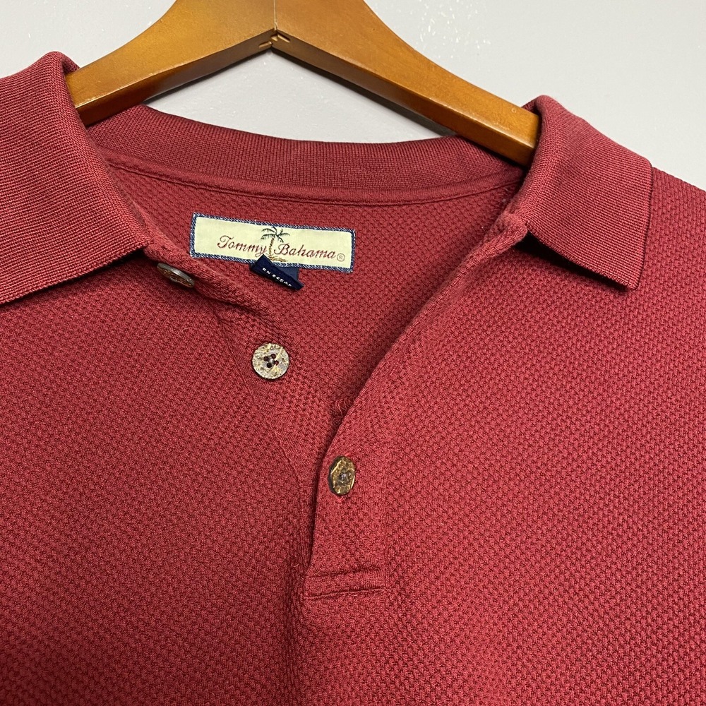 Tommy Bahama Dark Red Waffle Knit Cotton Silk Blend Golf Polo Shirt Size L - Picture 3 of 10